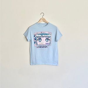 Vapor95 Cute But Happy Anime Girl Computer Graphic Blue T Shirt Women’s Sz Small